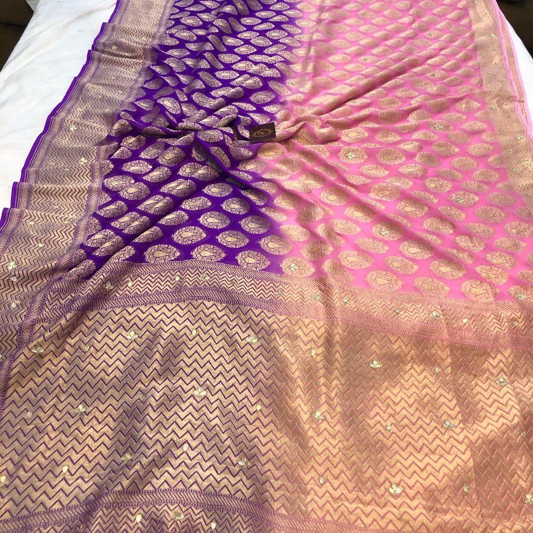 Pink Purple Zardozi Handloom Pure Georgette Silk Saree - Aura Benaras