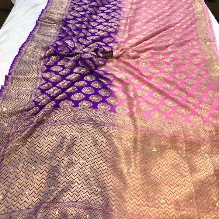 Pink Purple Zardozi Handloom Pure Georgette Silk Saree - Aura Benaras