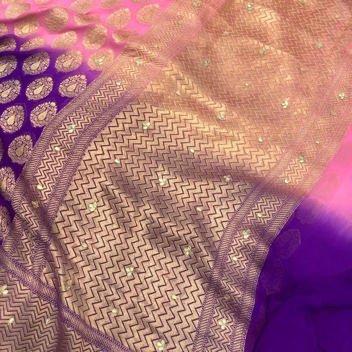 Pink Purple Zardozi Handloom Pure Georgette Silk Saree - Aura Benaras