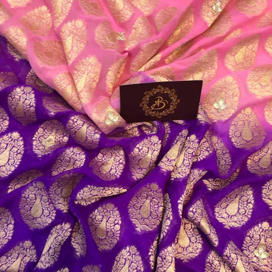 Pink Purple Zardozi Handloom Pure Georgette Silk Saree - Aura Benaras