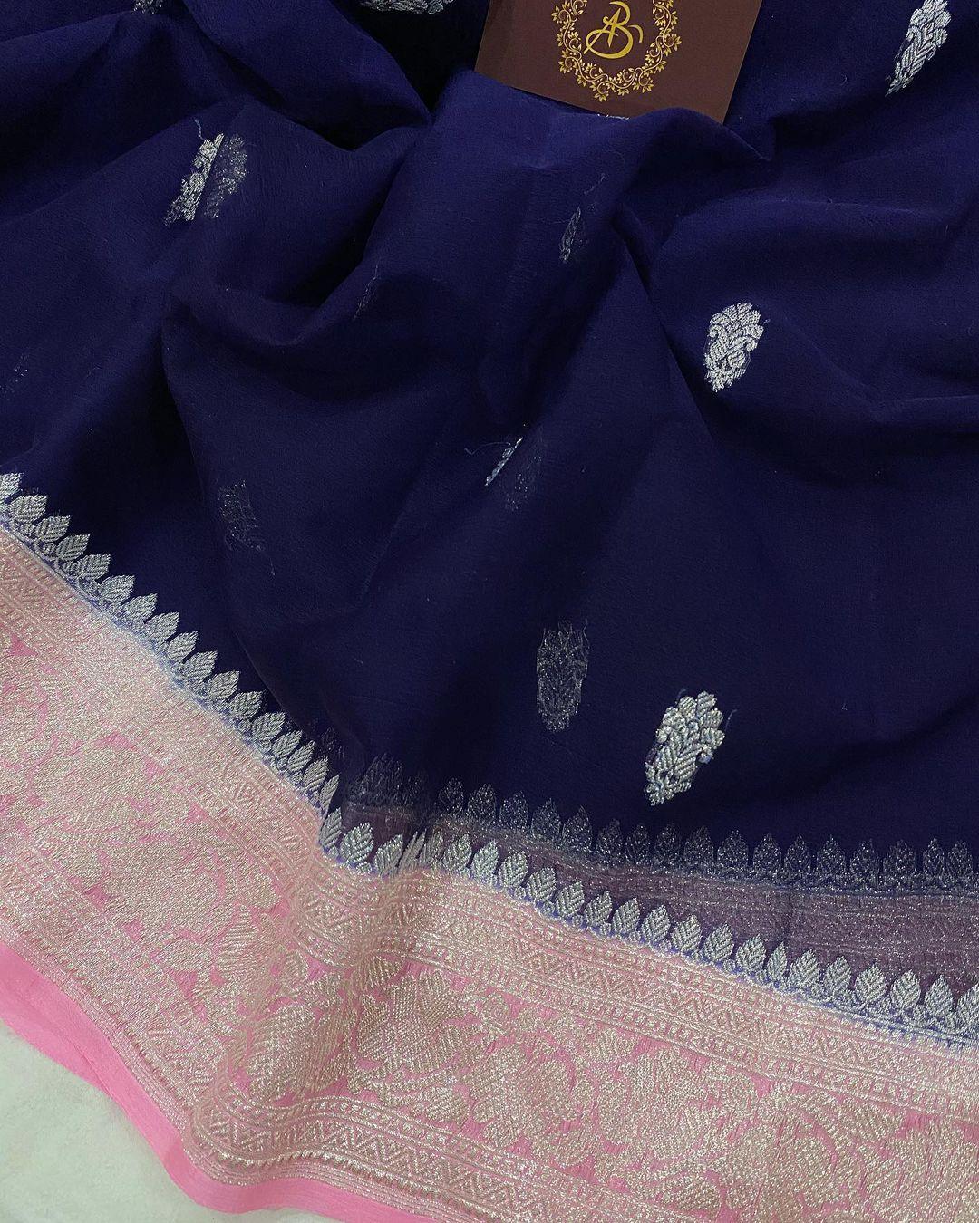 Navy Blue Banarasi Handloom Pure Georgette Silk Saree - Aura Benaras