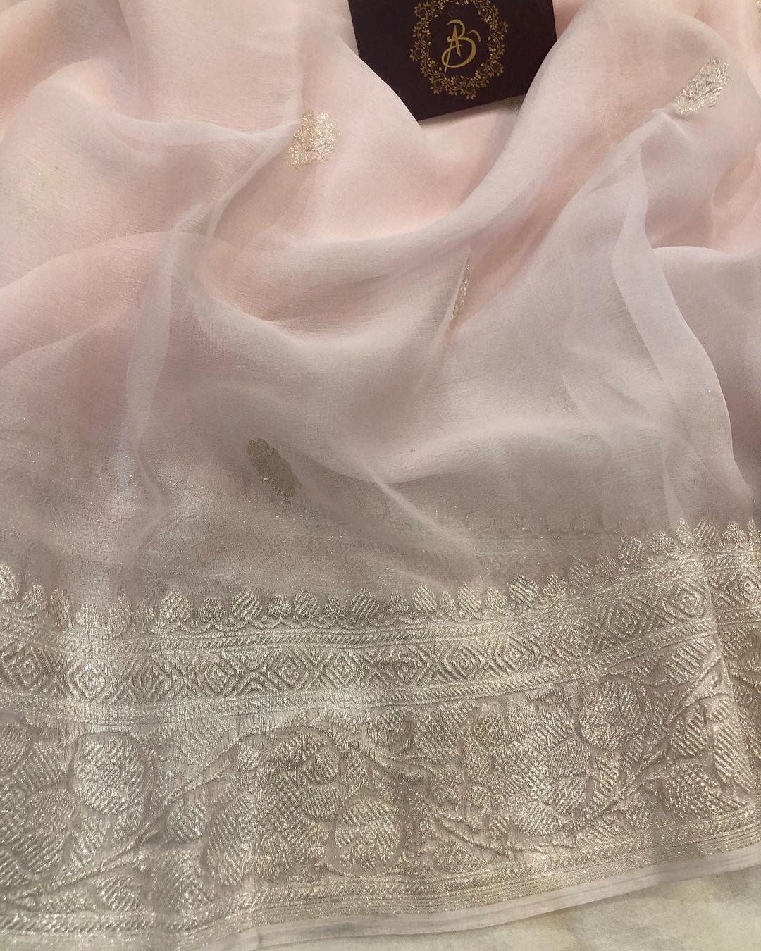Pale Pink Banarasi Handloom Pure Georgette Silk Saree - Aura Benaras