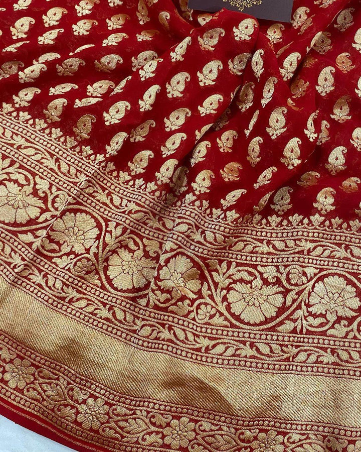 Red Banarasi Handloom Pure Khaddi Goergette Silk Saree - Aura Benaras
