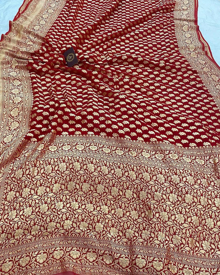 Red Banarasi Handloom Pure Khaddi Goergette Silk Saree - Aura Benaras