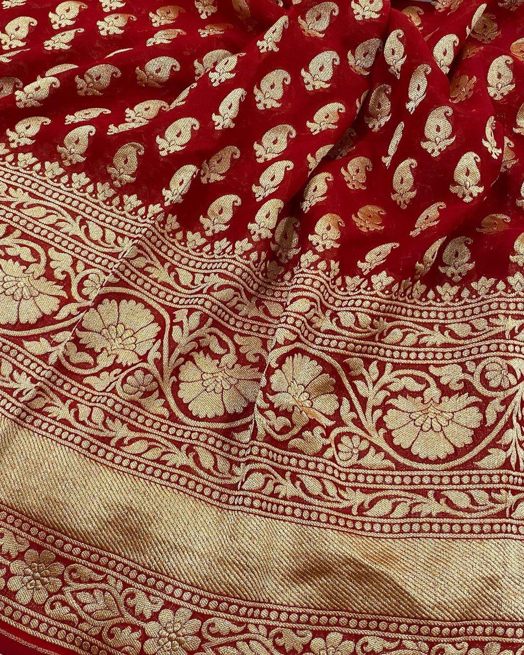Red Banarasi Handloom Pure Khaddi Goergette Silk Saree - Aura Benaras