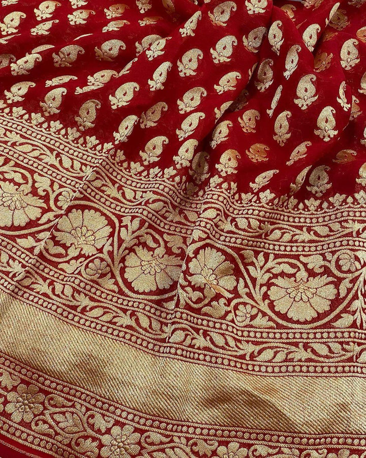 Red Banarasi Handloom Pure Khaddi Goergette Silk Saree - Aura Benaras