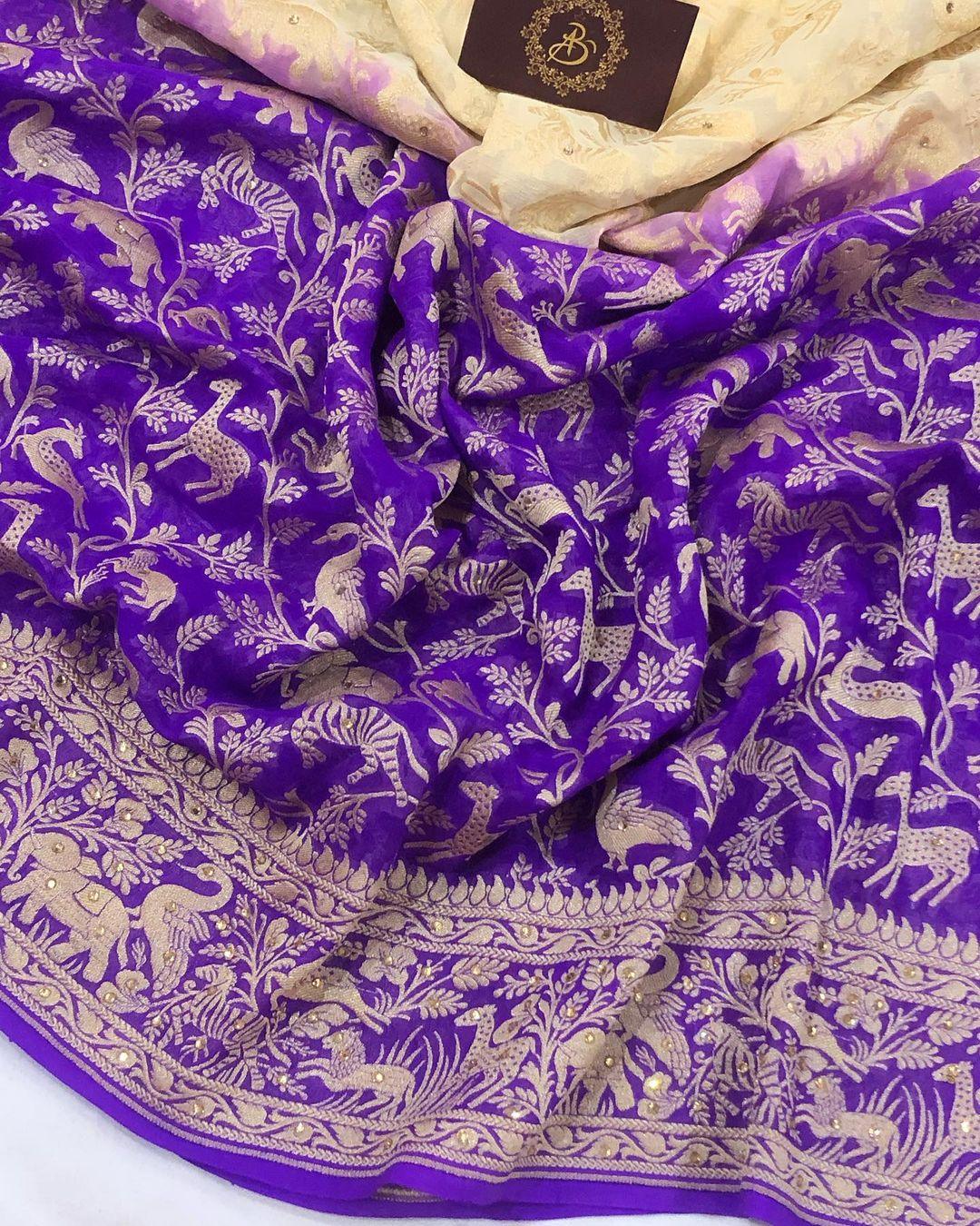 Cream Purple Zardozi Handloom Pure Goergette Silk Saree - Aura Benaras