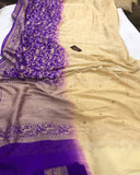 Cream Purple Zardozi Handloom Pure Goergette Silk Saree - Aura Benaras