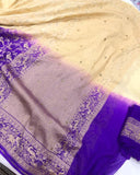 Cream Purple Zardozi Handloom Pure Goergette Silk Saree - Aura Benaras