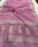 Pastel Mauve Banarasi Handloom Georgette Silk Saree - Aura Benaras