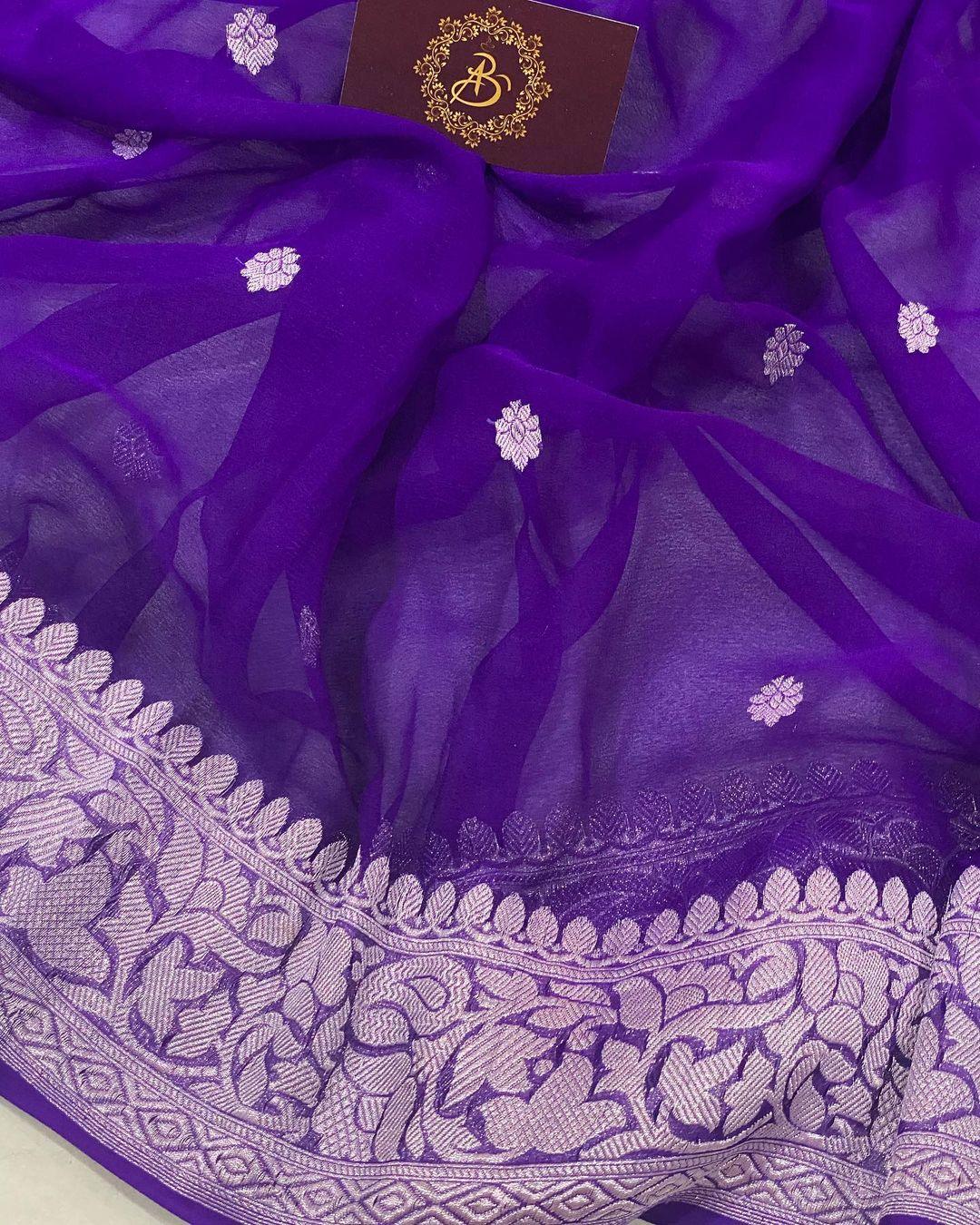 Purple Banarasi Handloom Pure Khaddi Chiffon Georgette Silk Saree - Aura Benaras