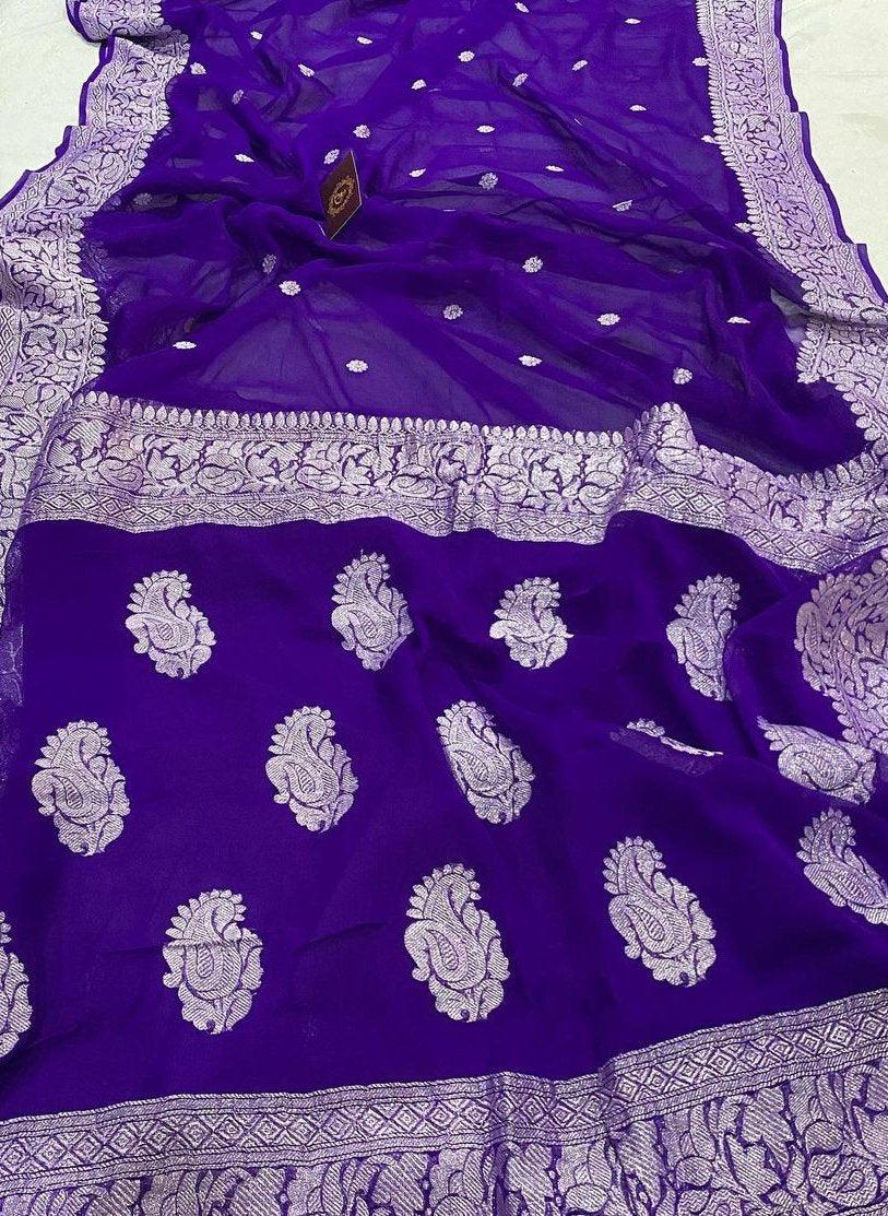 Purple Banarasi Handloom Pure Khaddi Chiffon Georgette Silk Saree - Aura Benaras