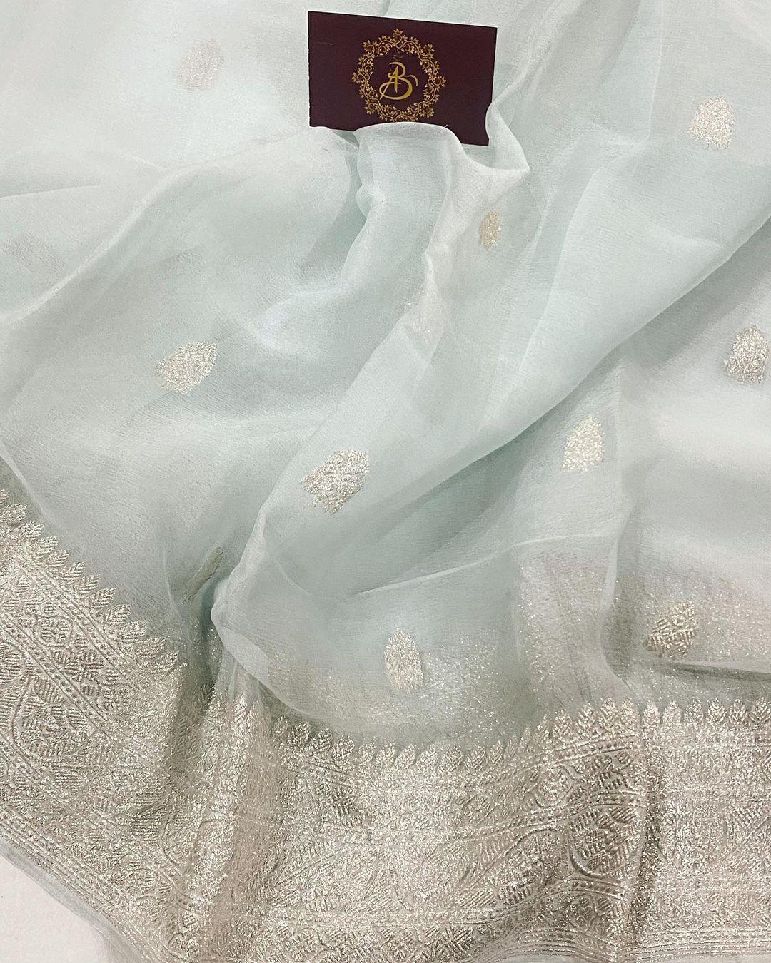 Pale Blue Khaddi Chiffon Banarasi Handloom Saree - Aura Benaras