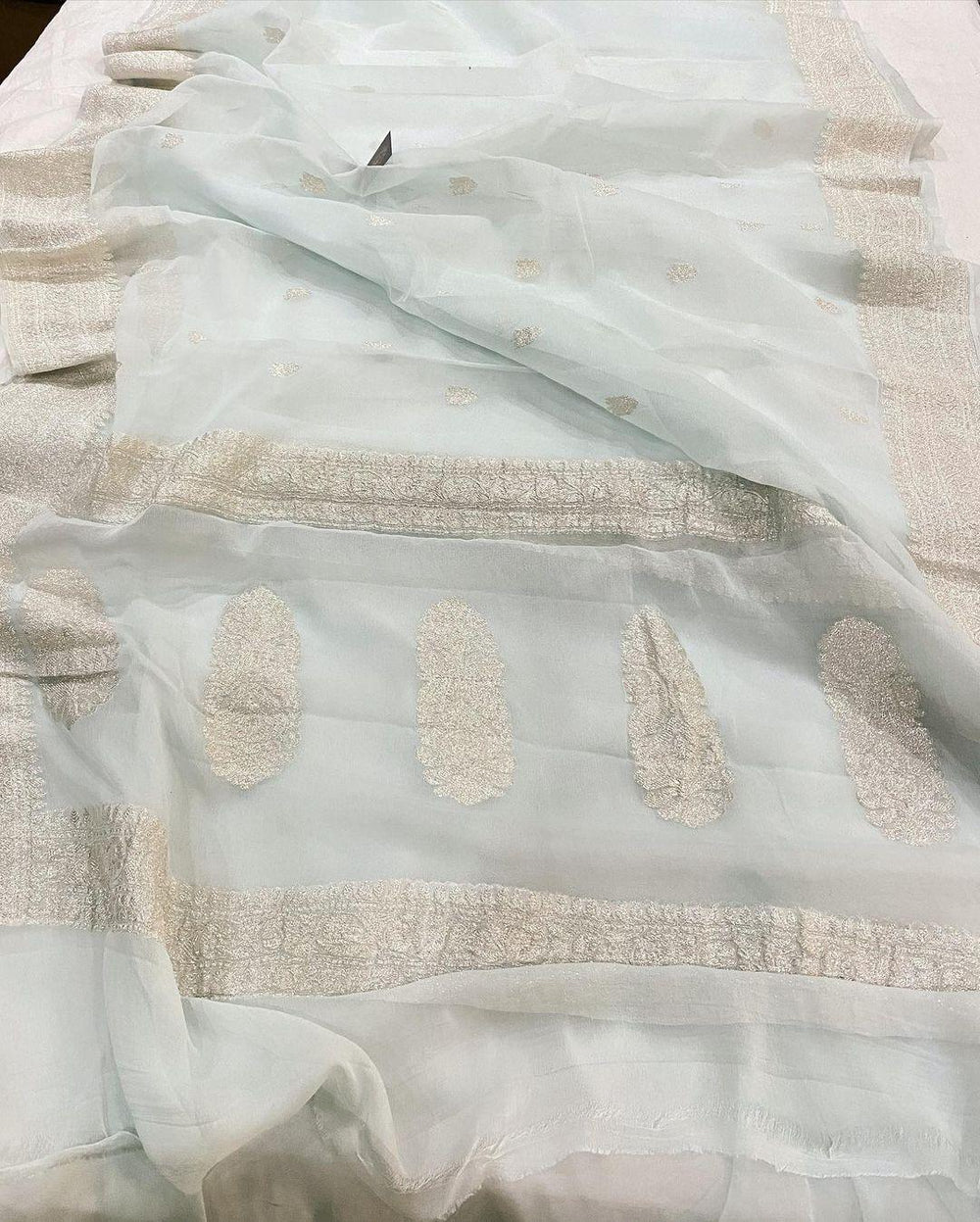 Pale Blue Khaddi Chiffon Banarasi Handloom Saree - Aura Benaras