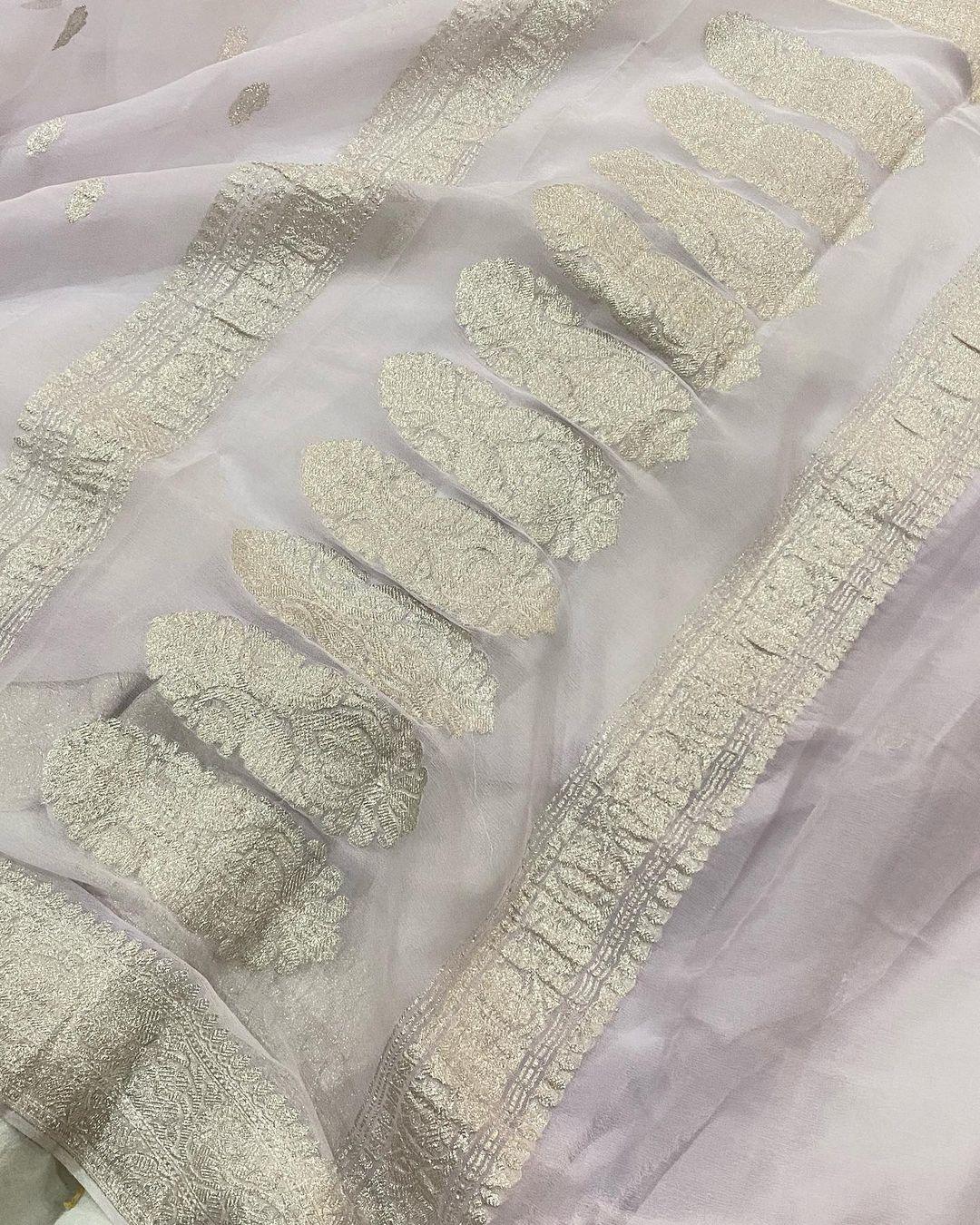 Pale Purple Khaddi Chiffon Banarasi Handloom Saree