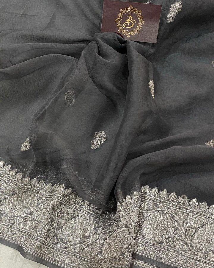 Deep Grey Khaddi Chiffon Banarasi Handloom Saree - Aura Benaras