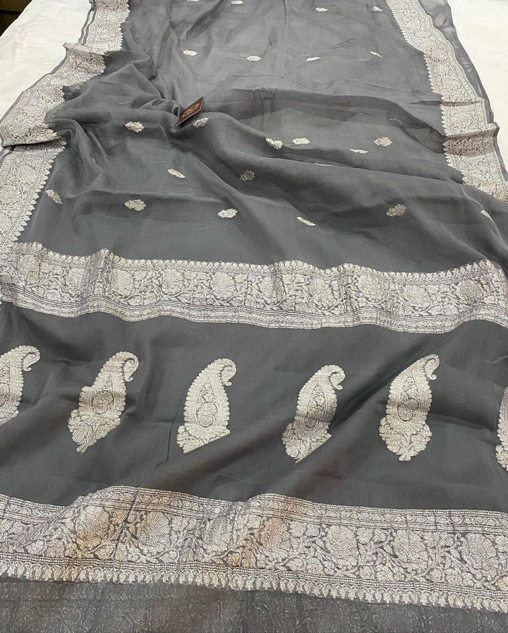 Deep Grey Khaddi Chiffon Banarasi Handloom Saree - Aura Benaras