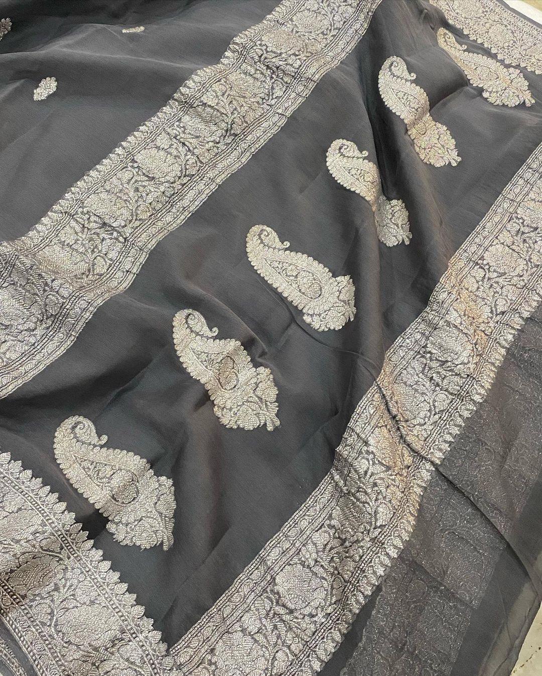 Deep Grey Khaddi Chiffon Banarasi Handloom Saree - Aura Benaras