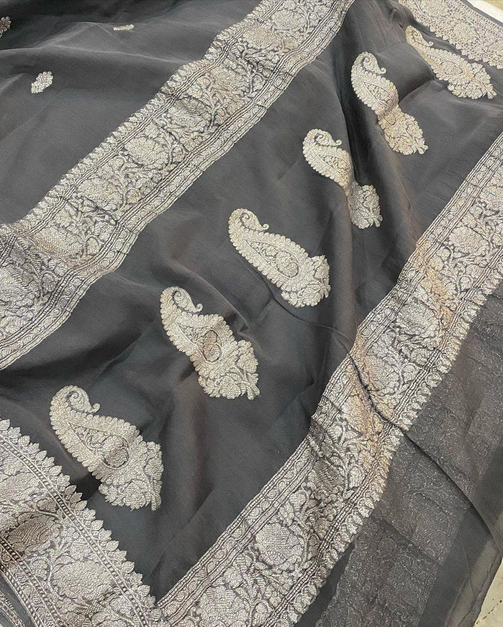 Deep Grey Khaddi Chiffon Banarasi Handloom Saree - Aura Benaras