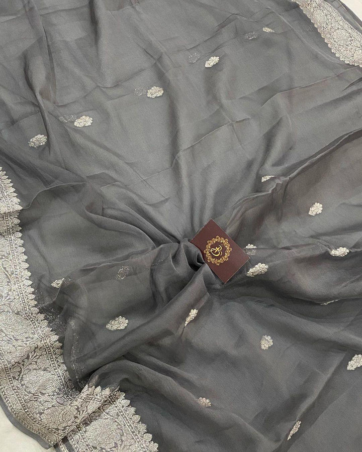 Deep Grey Khaddi Chiffon Banarasi Handloom Saree - Aura Benaras