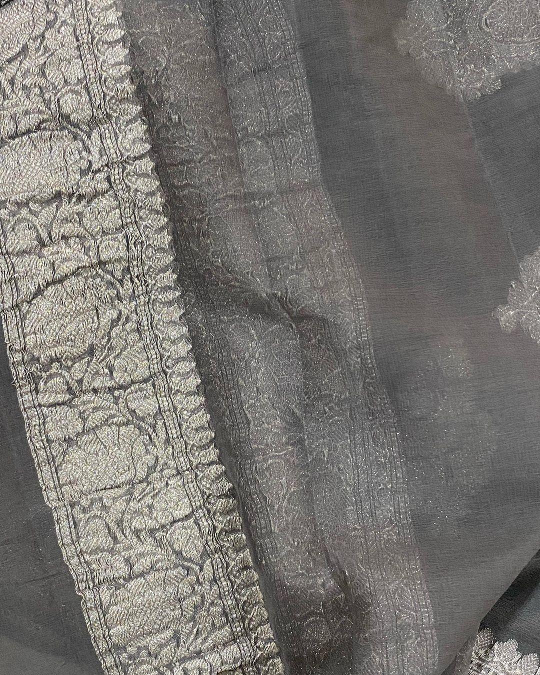 Deep Grey Khaddi Chiffon Banarasi Handloom Saree - Aura Benaras