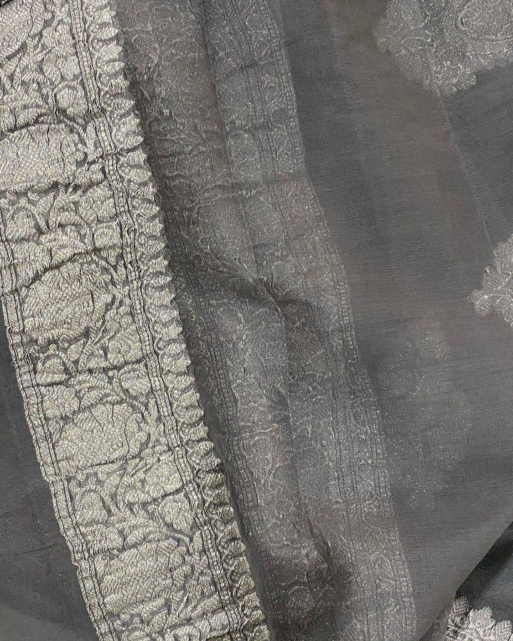 Deep Grey Khaddi Chiffon Banarasi Handloom Saree - Aura Benaras