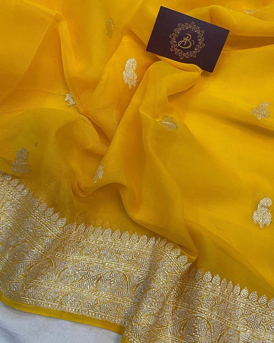 Yellow Khaddi Chiffon Banarasi Handloom Saree - Aura Benaras