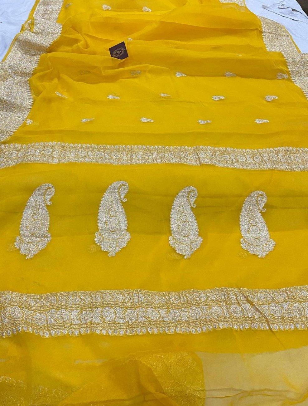 Yellow Khaddi Chiffon Banarasi Handloom Saree - Aura Benaras