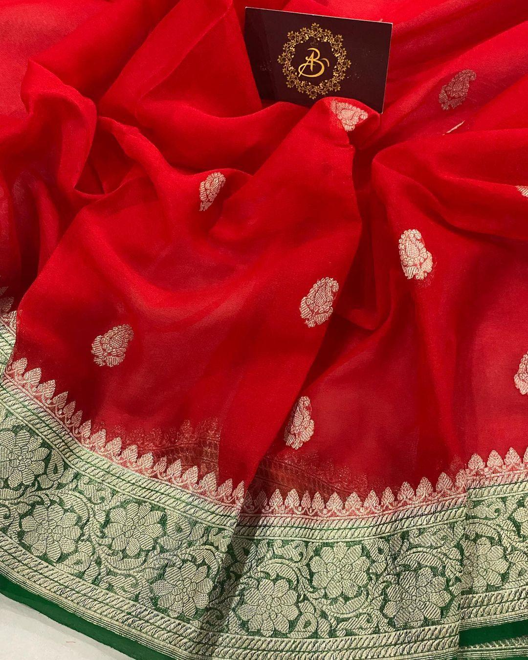 Red Banarasi Handloom Pure Georgette Silk Saree - Aura Benaras