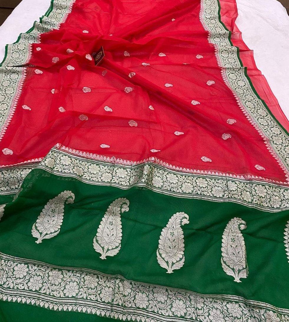 Red Banarasi Handloom Pure Georgette Silk Saree - Aura Benaras