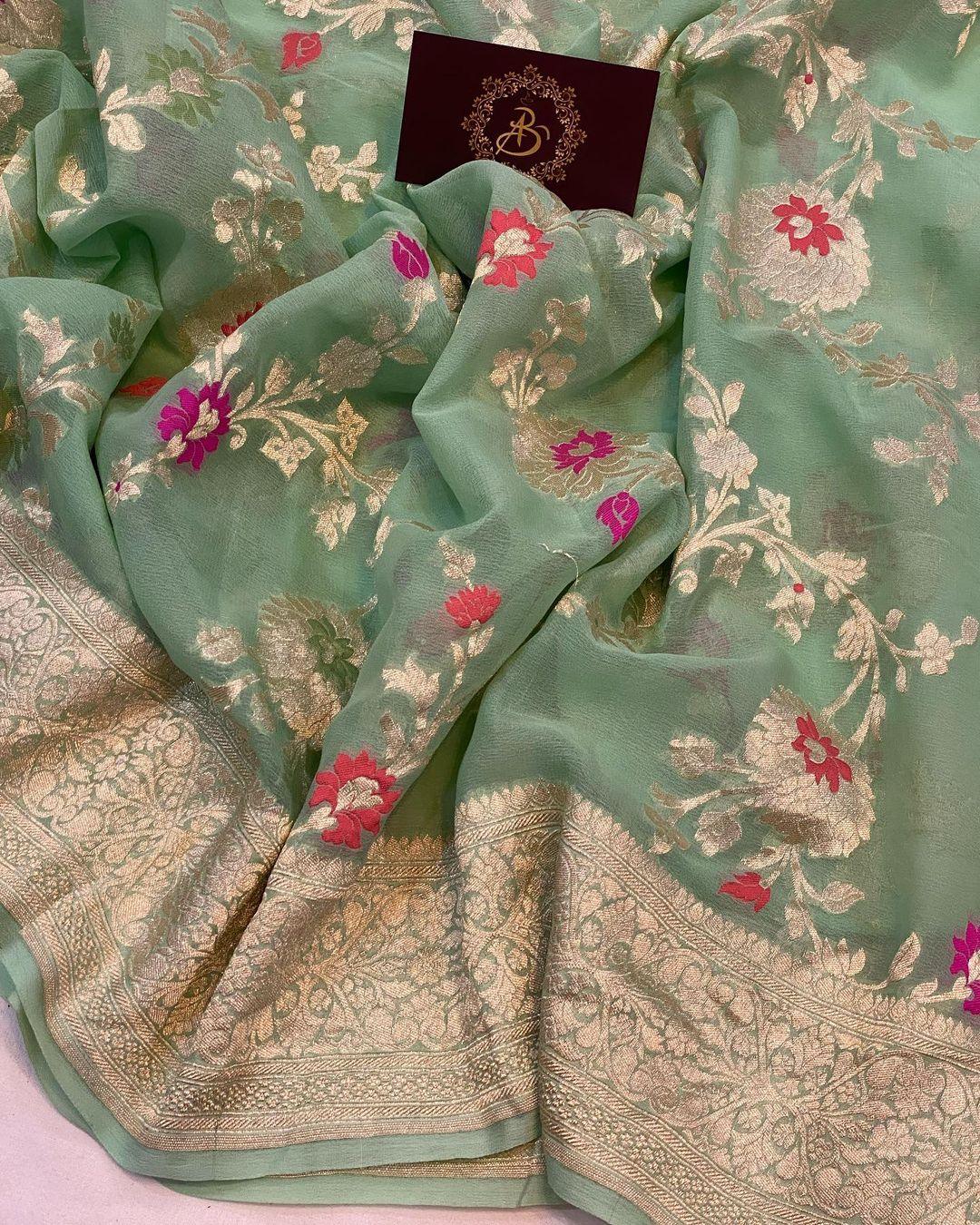 Pista Green Banarasi Khaddi Georgette Saree - Aura Benaras