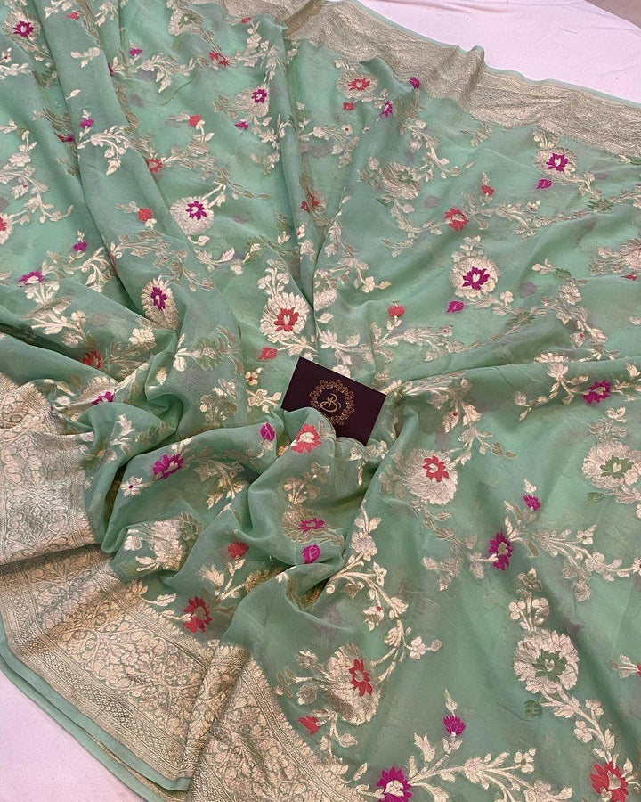 Pista Green Banarasi Khaddi Georgette Saree - Aura Benaras
