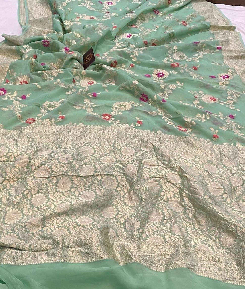 Pista Green Banarasi Khaddi Georgette Saree - Aura Benaras
