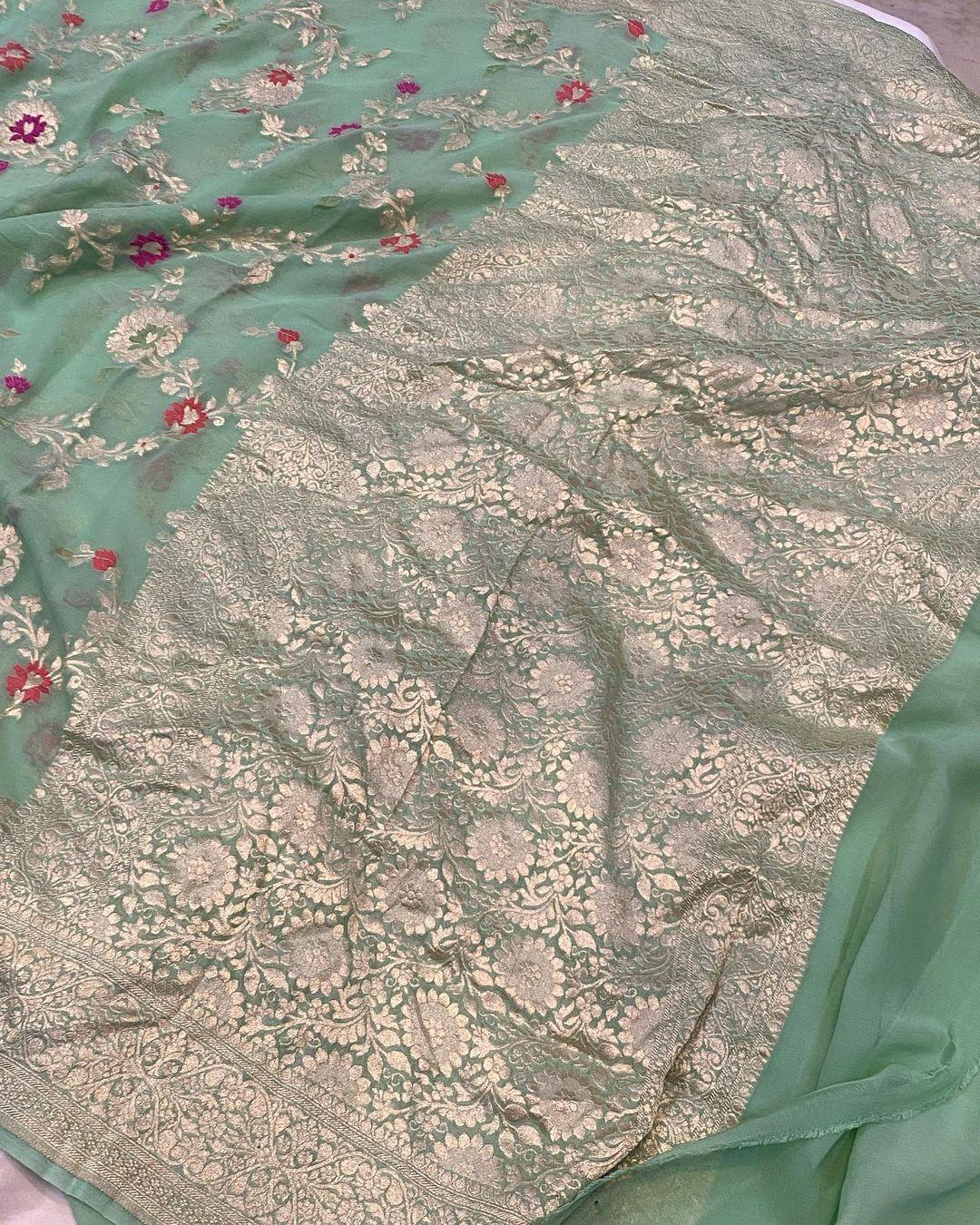 Pista Green Banarasi Khaddi Georgette Saree - Aura Benaras