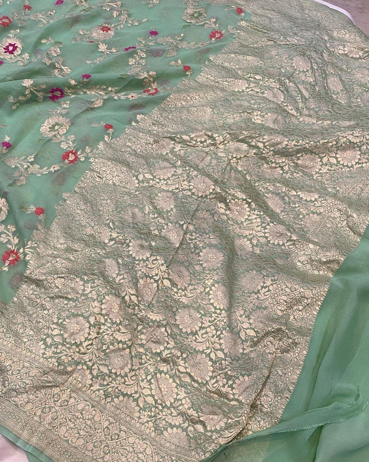 Pista Green Banarasi Khaddi Georgette Saree - Aura Benaras