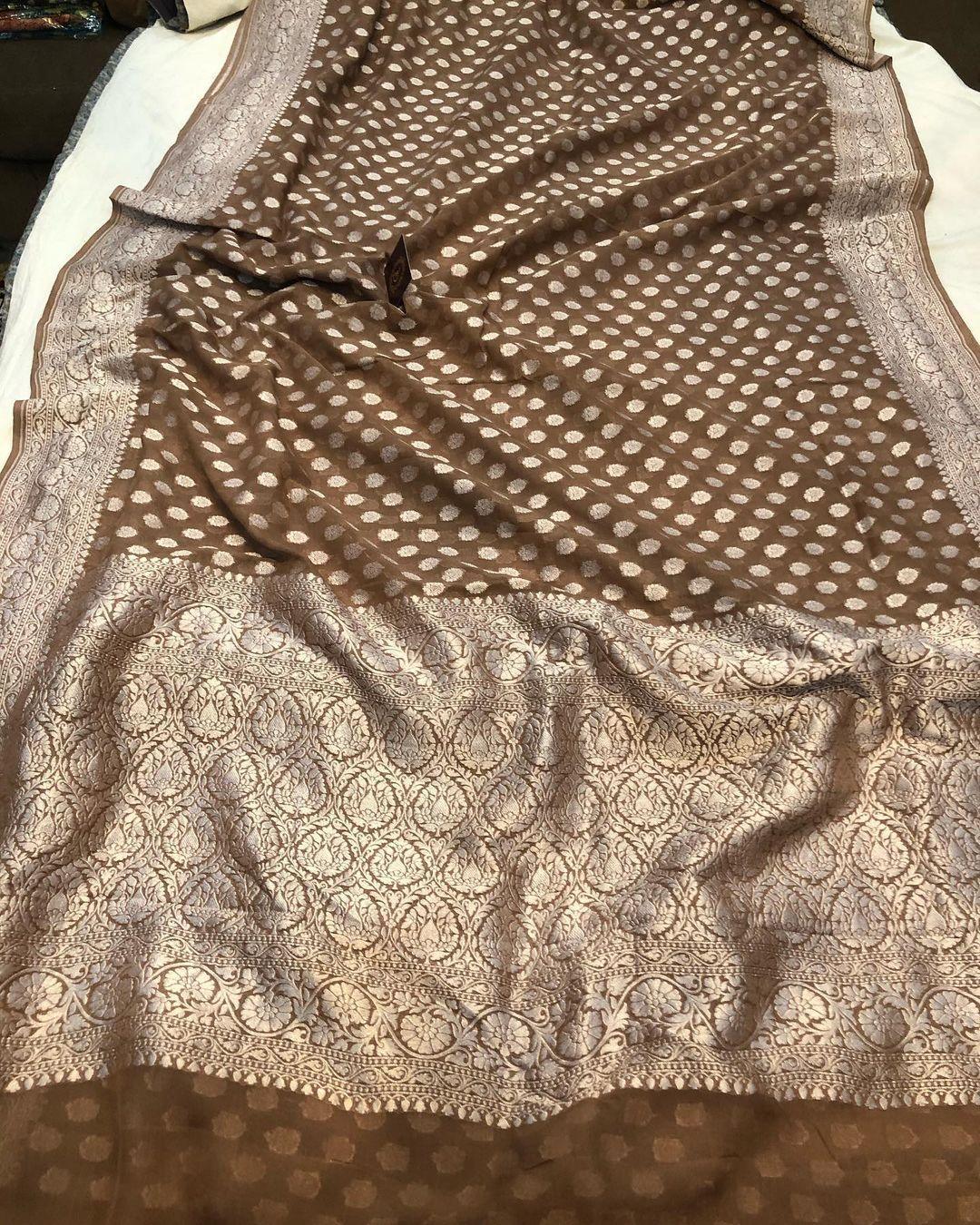 Brown Banarasi Handloom Pure Khaddi Georgette Silk Saree - Aura Benaras