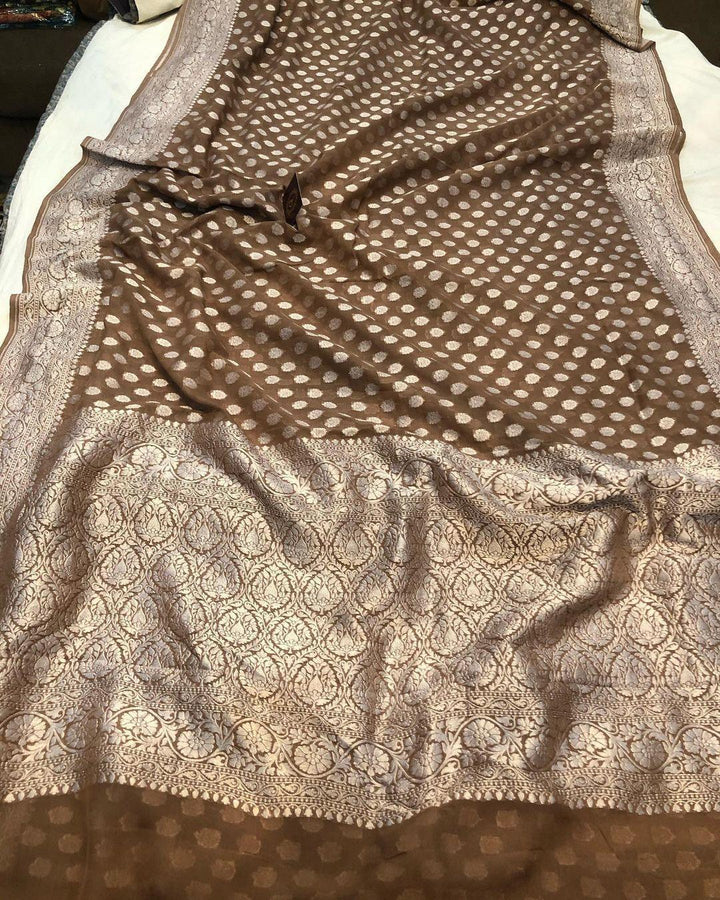 Brown Banarasi Handloom Pure Khaddi Georgette Silk Saree - Aura Benaras