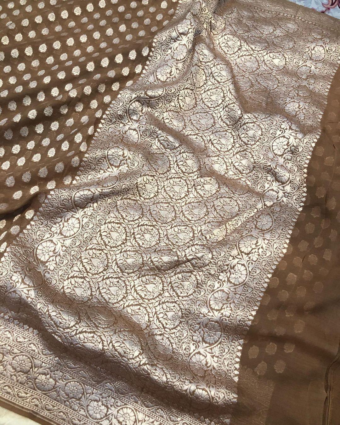 Brown Banarasi Handloom Pure Khaddi Georgette Silk Saree - Aura Benaras