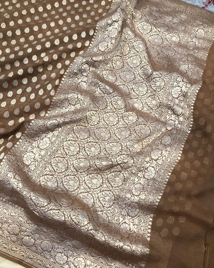 Brown Banarasi Handloom Pure Khaddi Georgette Silk Saree - Aura Benaras