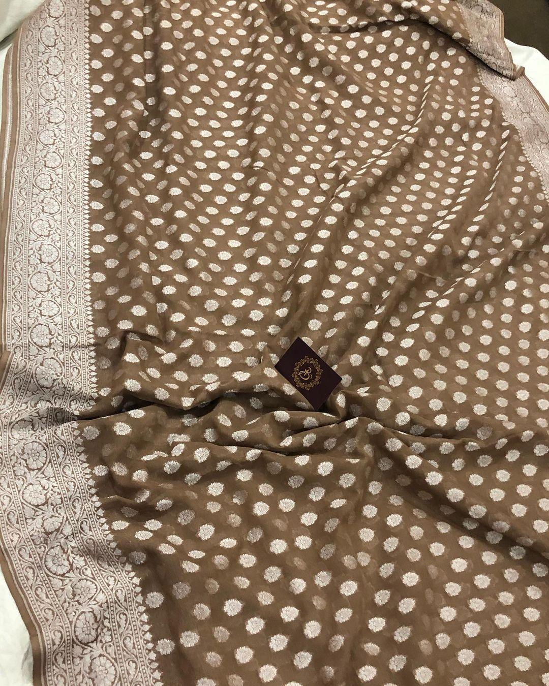 Brown Banarasi Handloom Pure Khaddi Georgette Silk Saree - Aura Benaras