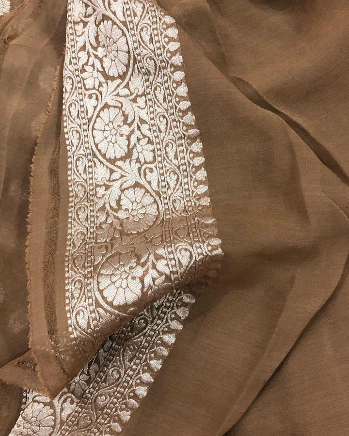 Brown Banarasi Handloom Pure Khaddi Georgette Silk Saree - Aura Benaras