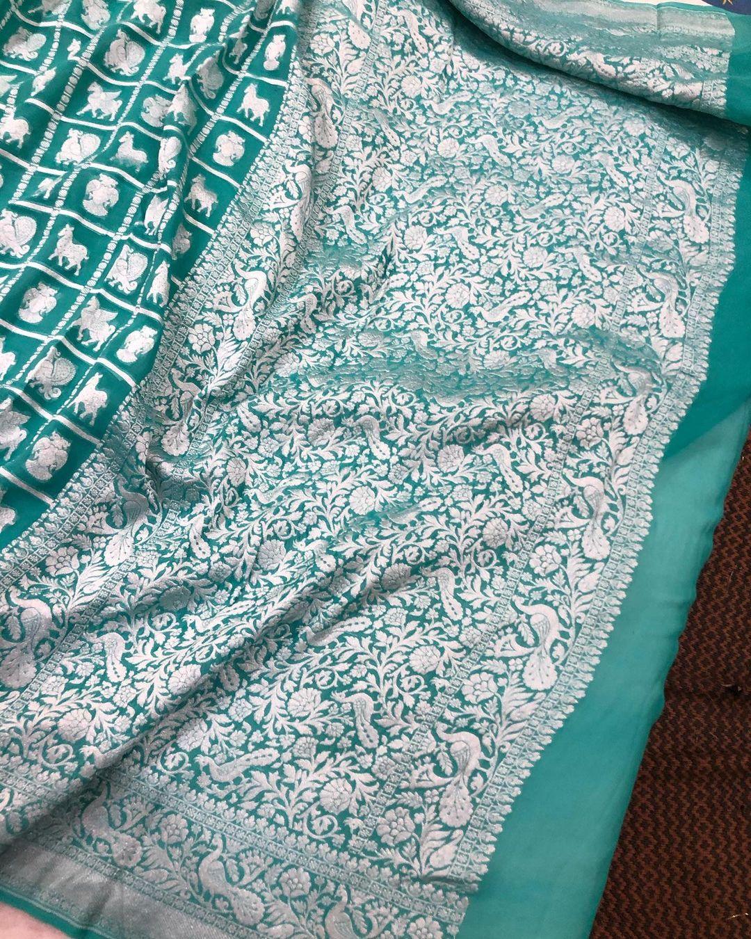 Rama Green Banarasi Khaddi Georgette Saree - Aura Benaras
