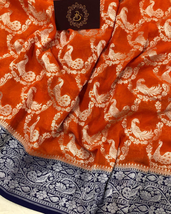 Orange Banarasi Khaddi Georgette Saree