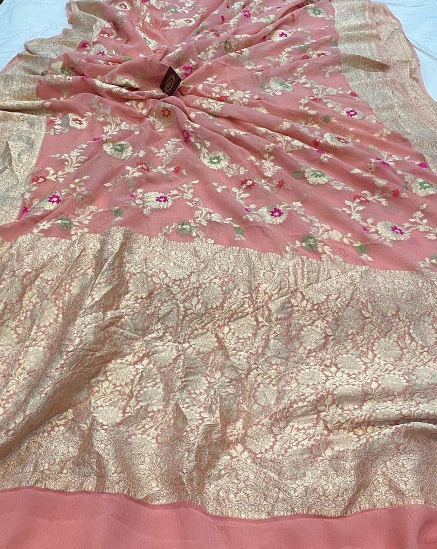 Peach Banarasi Khaddi Georgette Saree - Aura Benaras