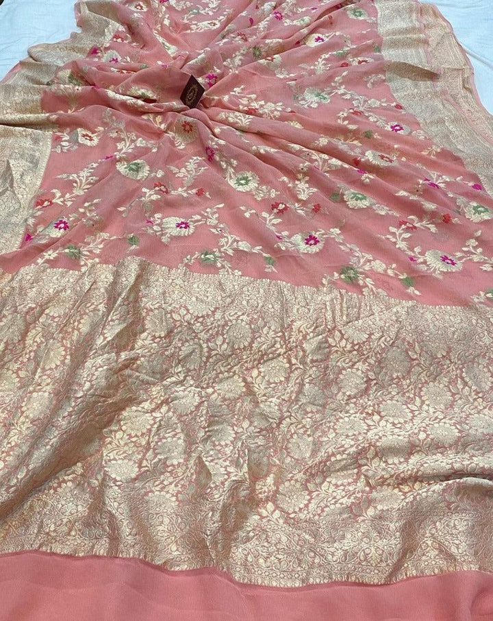 Peach Banarasi Khaddi Georgette Saree - Aura Benaras