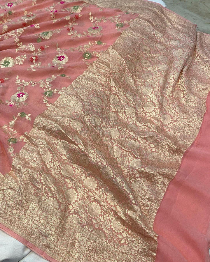 Peach Banarasi Khaddi Georgette Saree - Aura Benaras