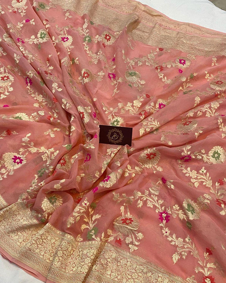 Peach Banarasi Khaddi Georgette Saree - Aura Benaras