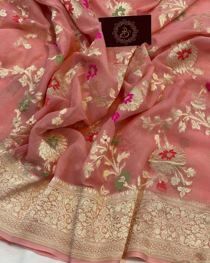 Peach Banarasi Khaddi Georgette Saree - Aura Benaras
