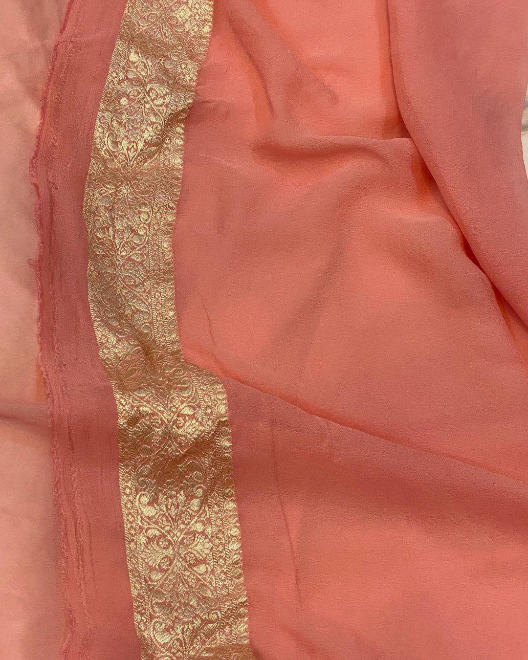 Peach Banarasi Khaddi Georgette Saree - Aura Benaras
