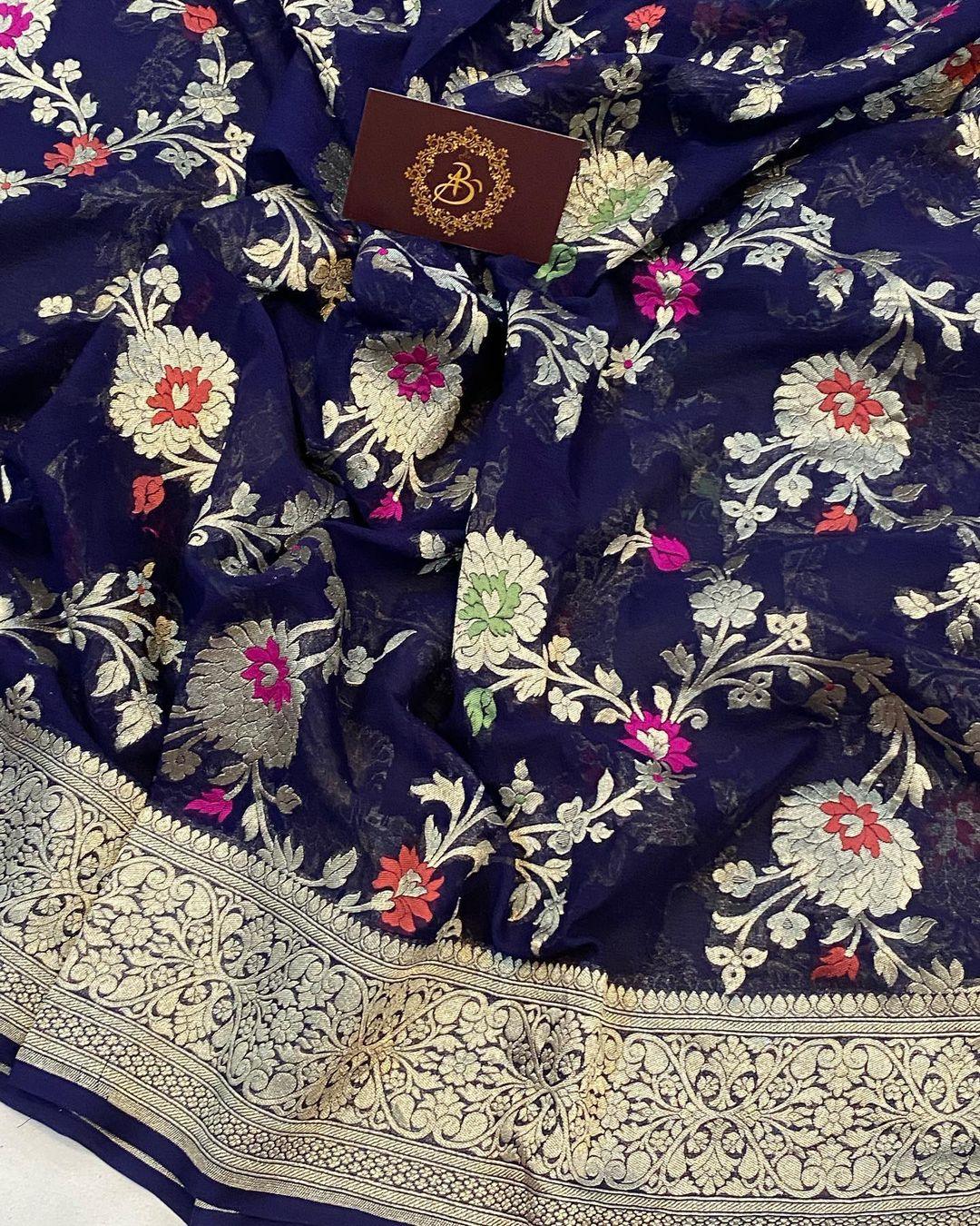 Navy Blue Banarasi Khaddi Georgette Saree - Aura Benaras
